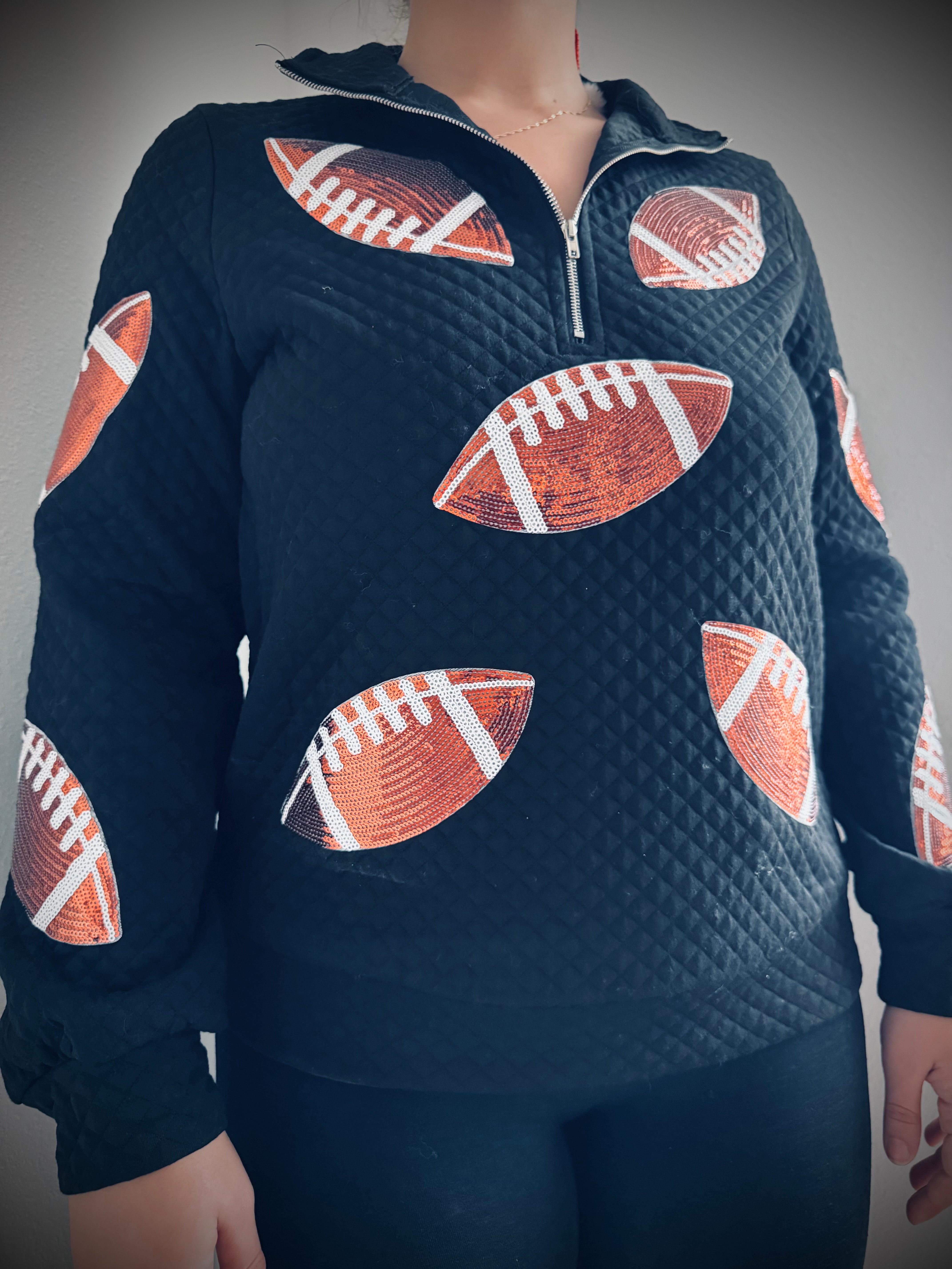 Black Sequin Football Quarter Zip Sweatshirt
