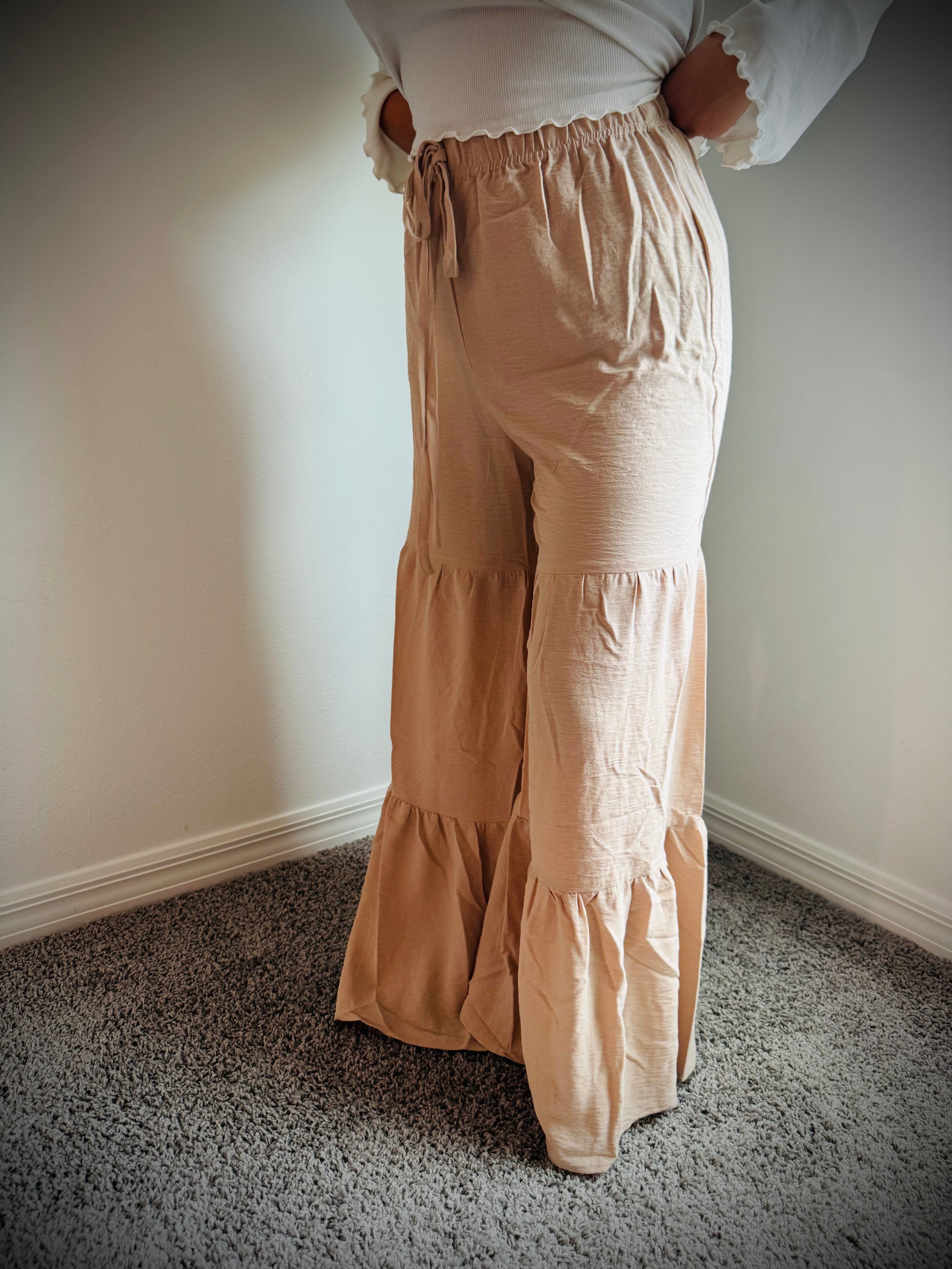 Beige Wide Leg Elastic Boho Flowy Trousers