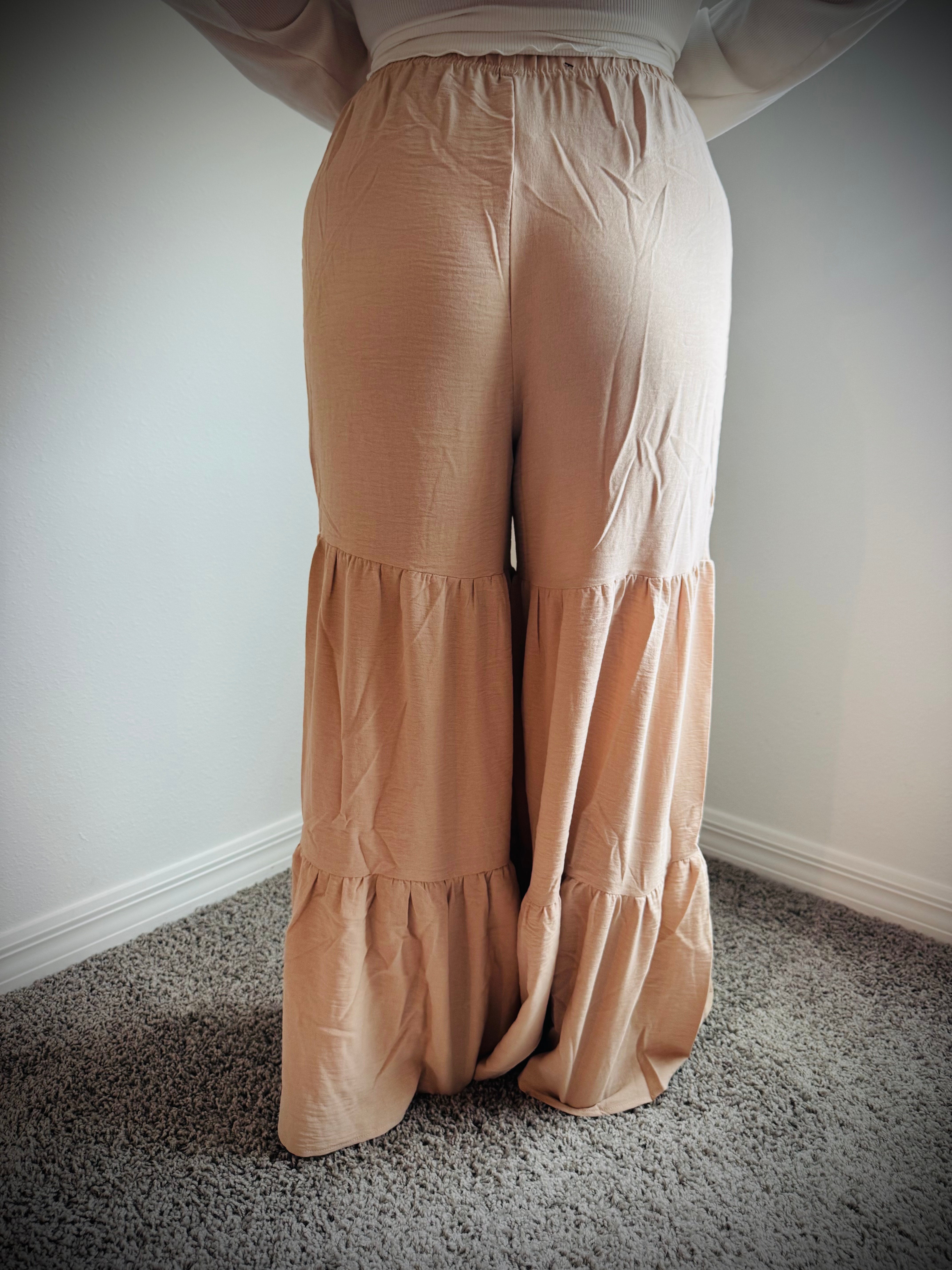 Beige Wide Leg Elastic Boho Flowy Trousers
