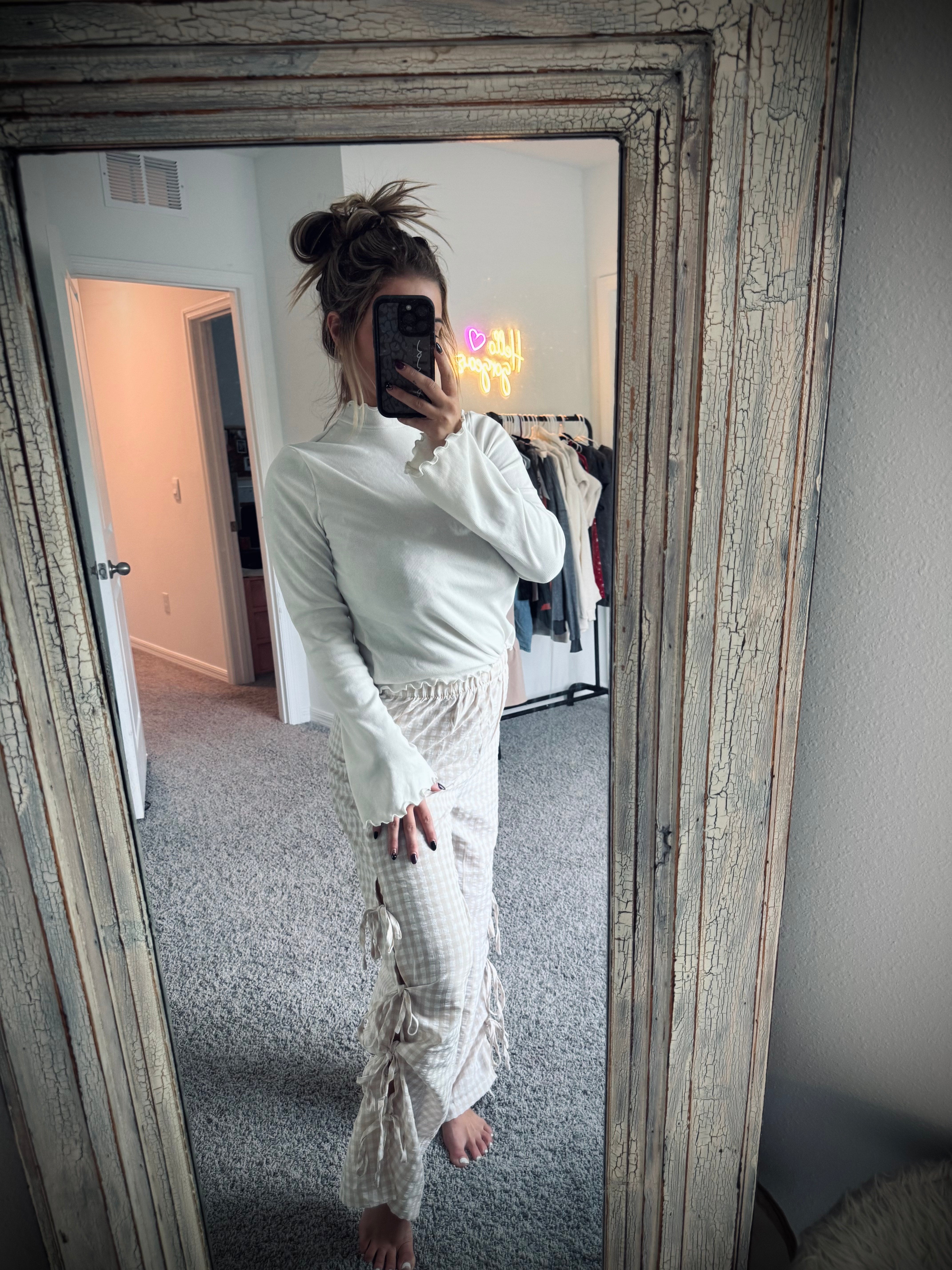 Beige + White Side Bow Pants